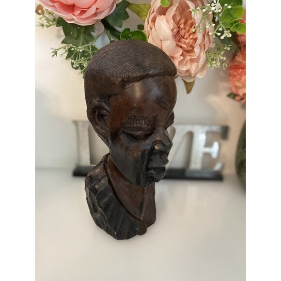 Vintage 1960s Tribal Man Hand Carved African Male Exotic Wood 8" Head Bust Stump - Picture 13 of 16